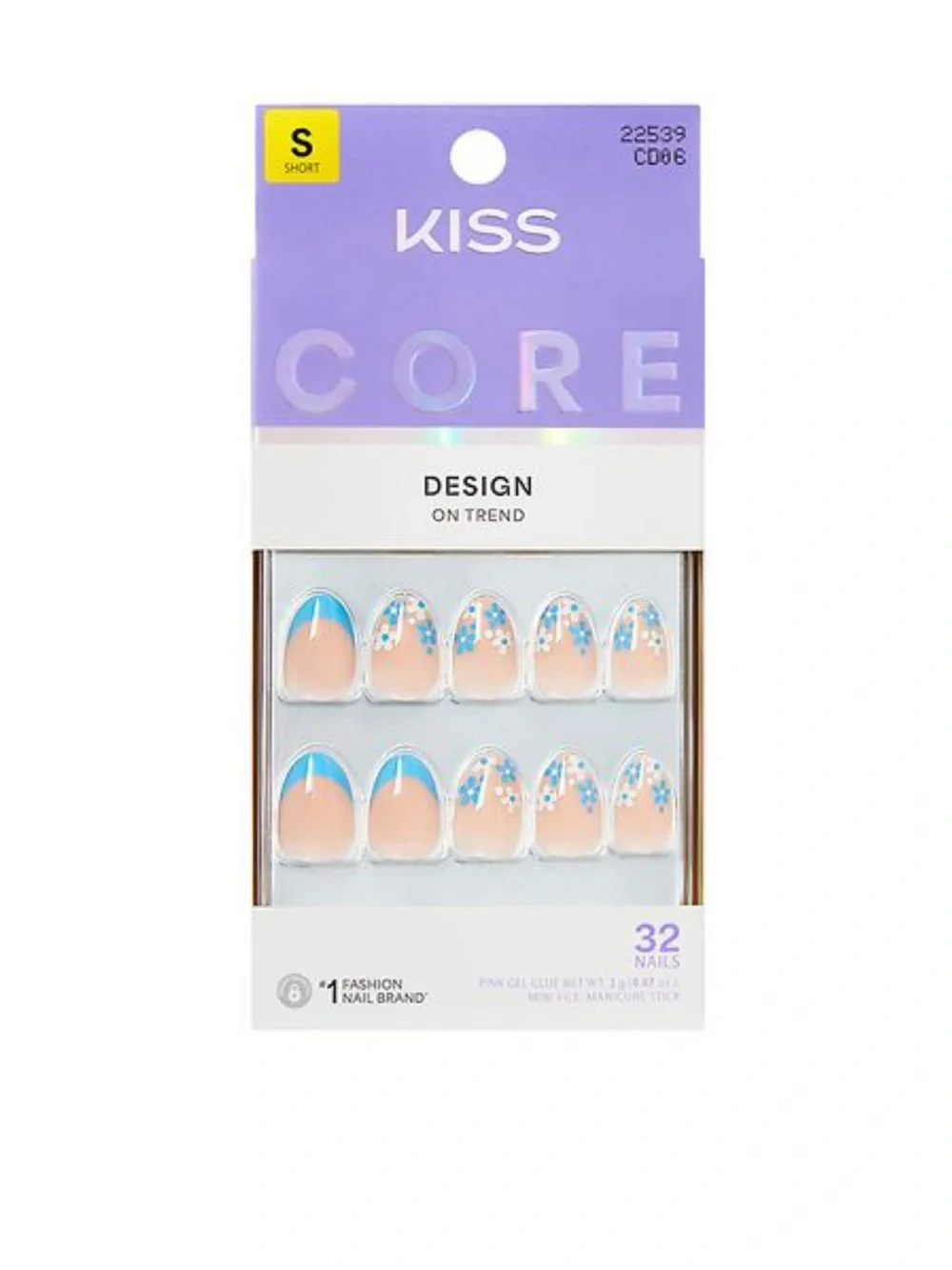 KISS Core Short Press-On Nails - Blue Floral French Tip